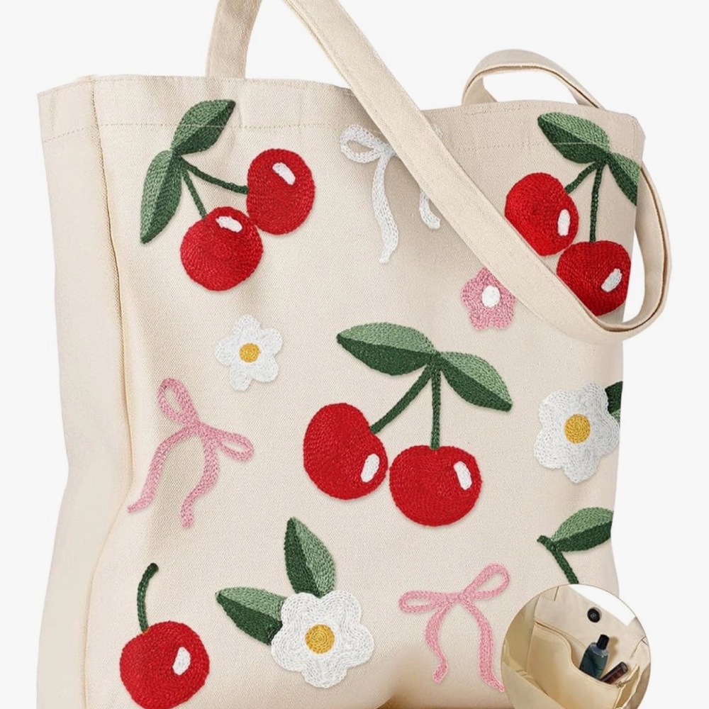 NEW Cherry Embroidery Tote Bag with Pocket & Buckle
